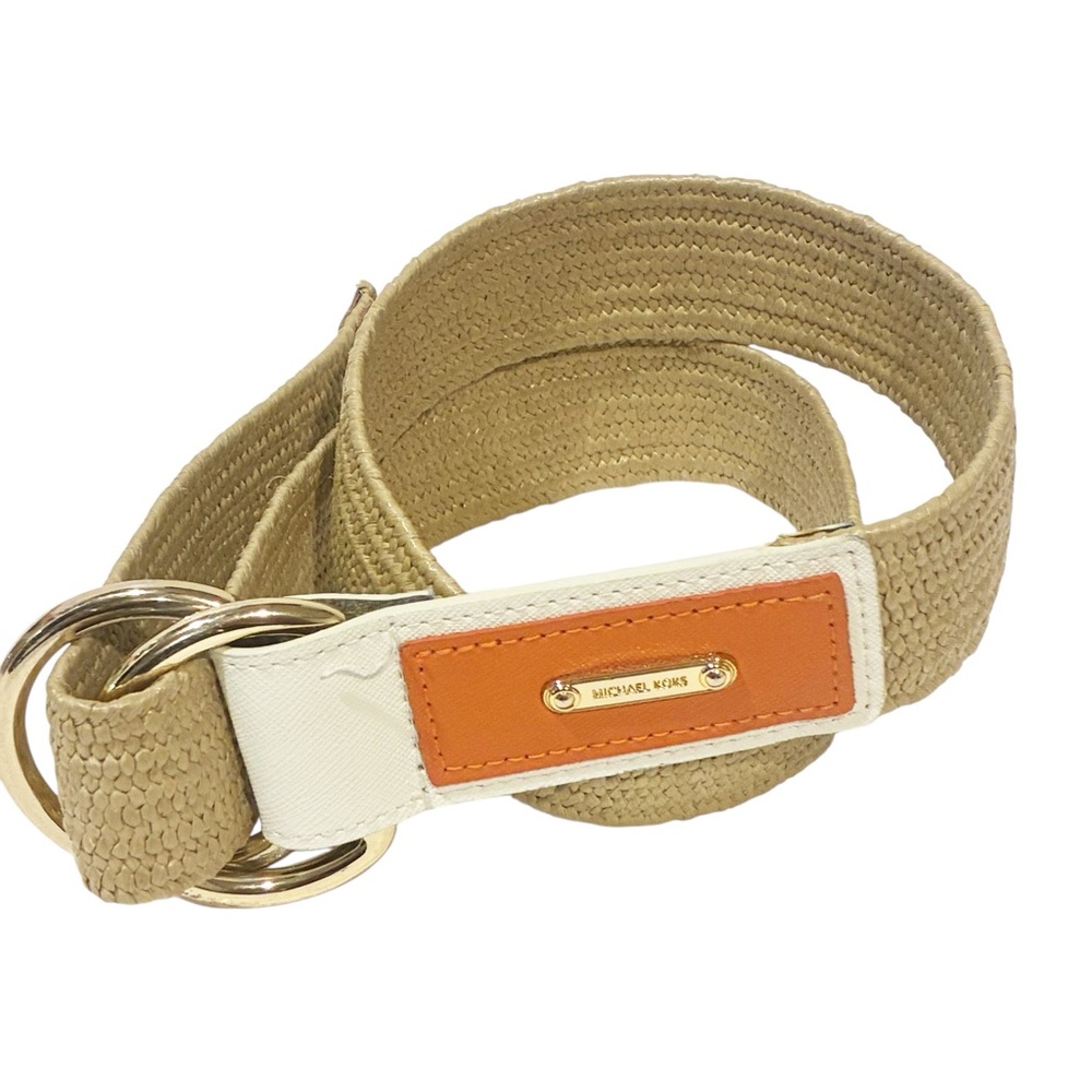 Michael Kors Women's White Orange Leather Straw Stretch Belt‎ D Ring Adjustable
